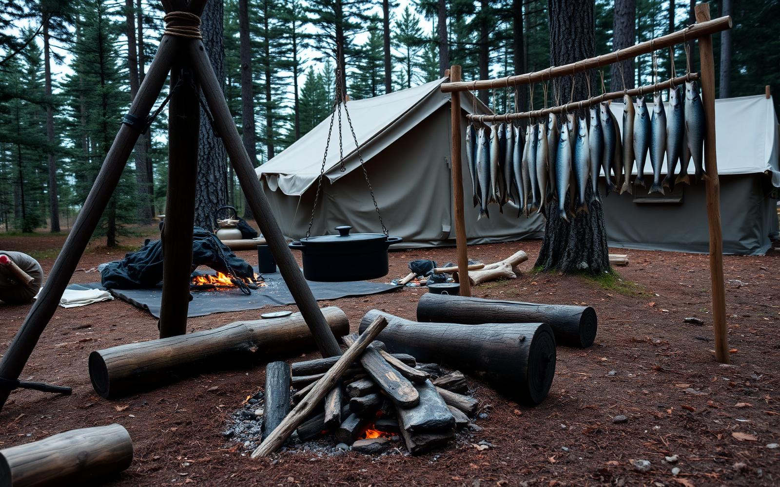 A well-organized bushcraft camp with tarp shelter and gear