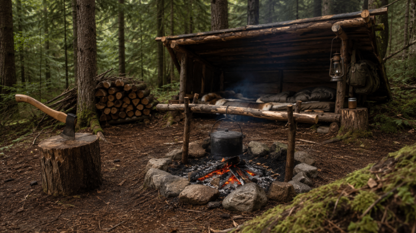 Log lean-to shelter built against a forest slope with a small fire in front