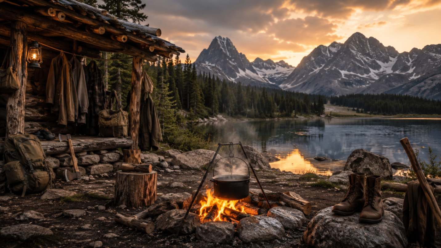 Cabin and cooking tripod silhouetted against a lakeside sunset