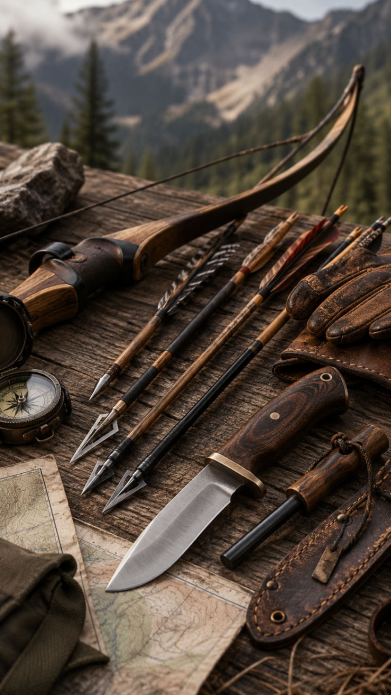 Traditional bow, arrows, and a bushcraft knife laid out on weathered wood